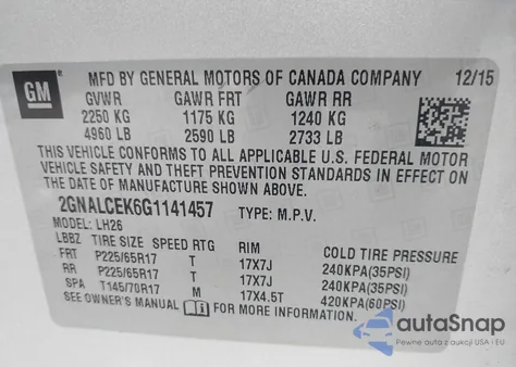 2016 Chevrolet Equinox Lt from USA, damaged, VIN 2GNALCEK6G1141457
